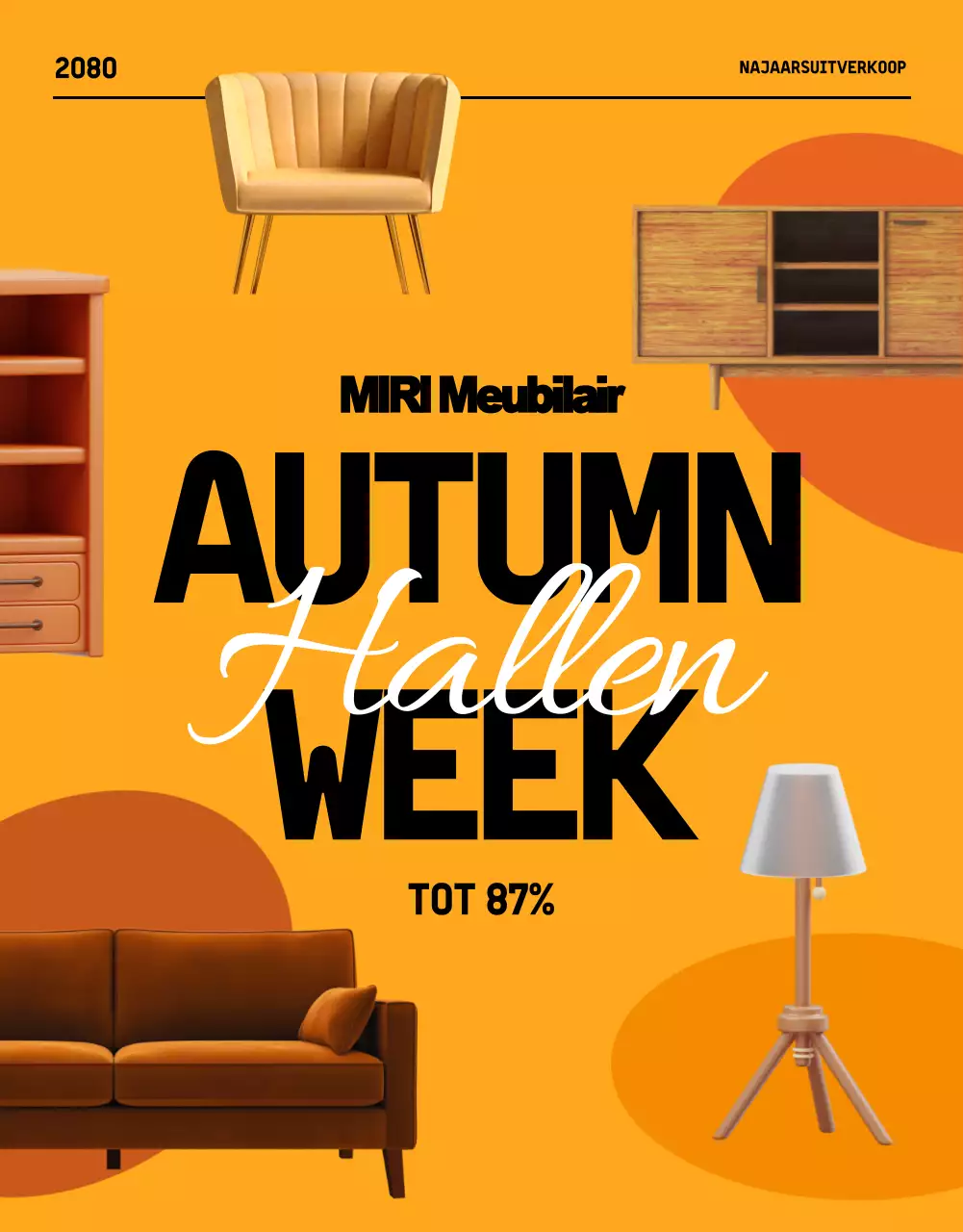 Promoot een uitverkoop van moderne herfstmeubelen in zwart en oranje