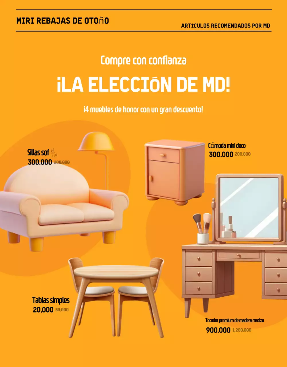 Promociona una venta de muebles modernos de otoño en negro y naranja