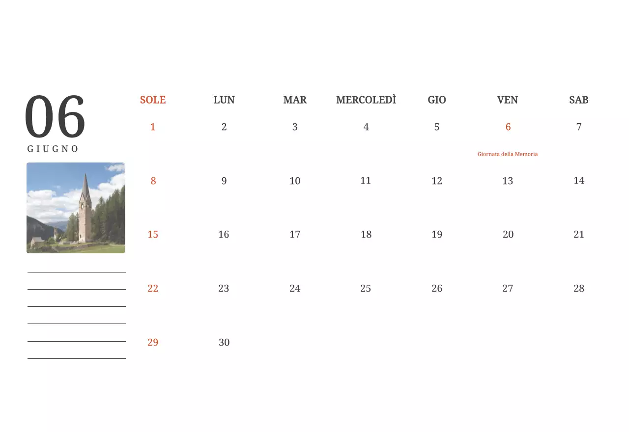 Un calendario fotografico con chiese in dipinti di paesaggio