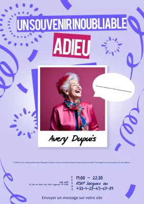 Invitation d'adieu moderne et mémorable en violet
