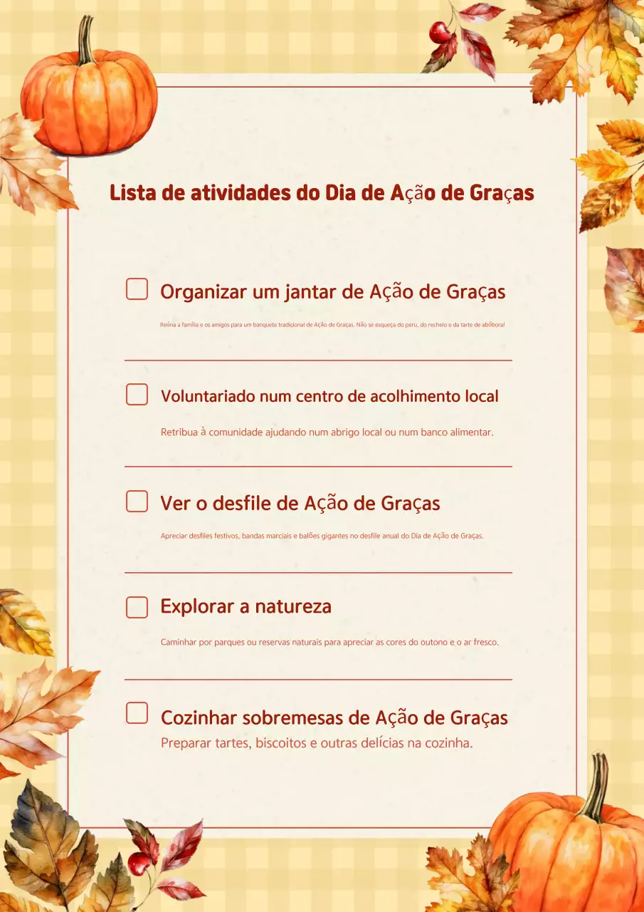cartaz rústico laranja de lista de verificação de actividades de ação de graças