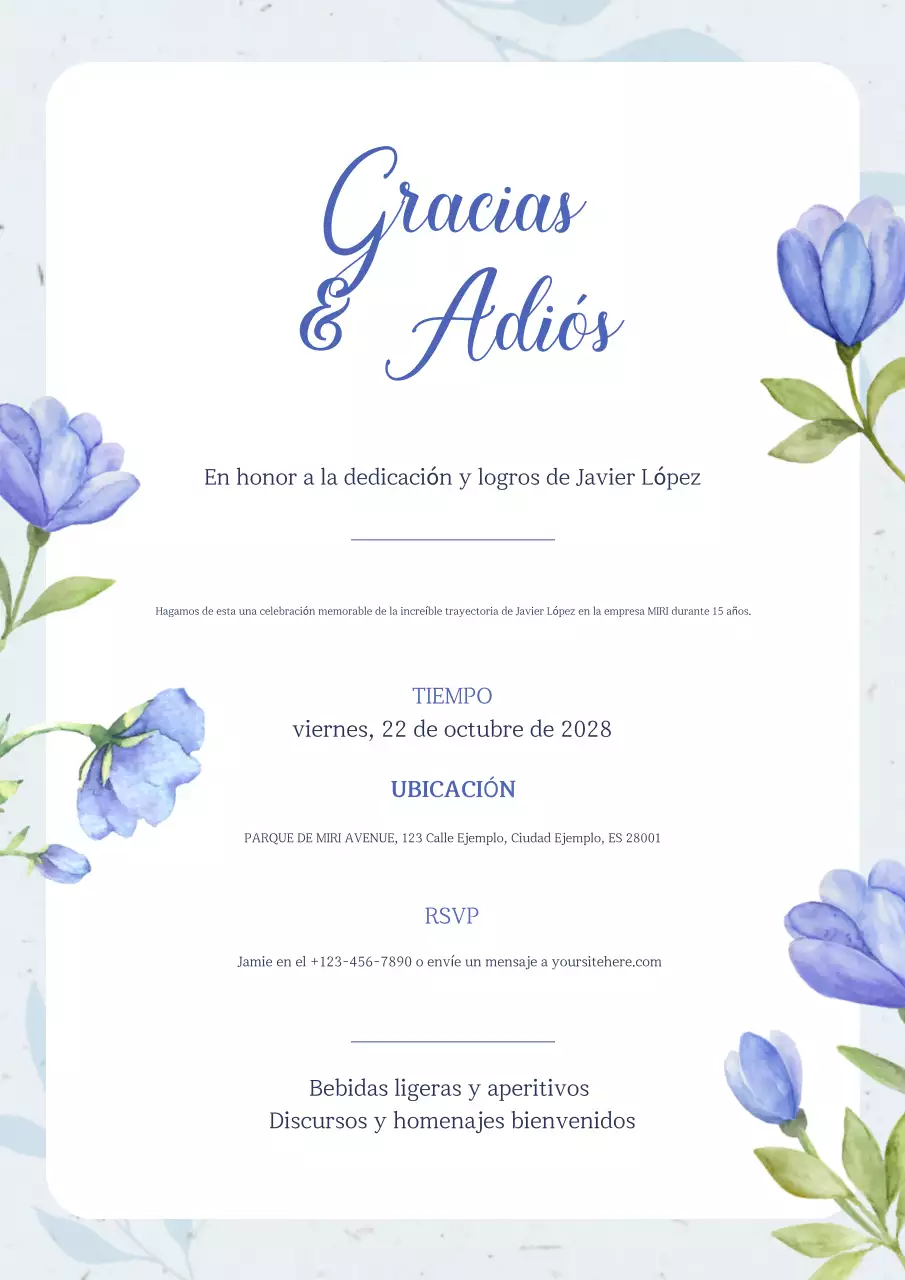 Invitación de despedida floral azul claro