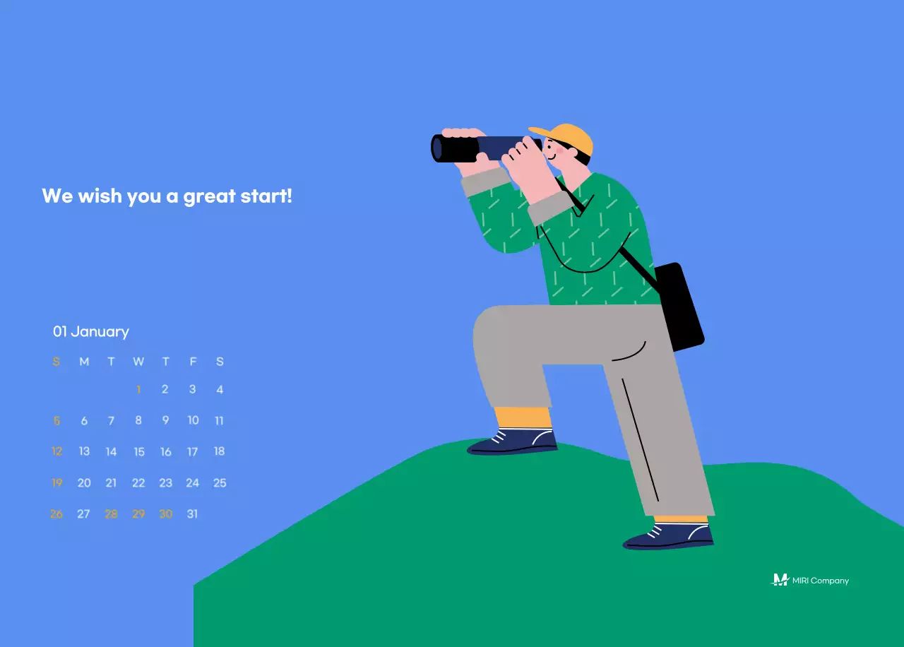 Kalender motivasi dengan ilustrasi energik dan kutipan positif dengan latar belakang biru muda