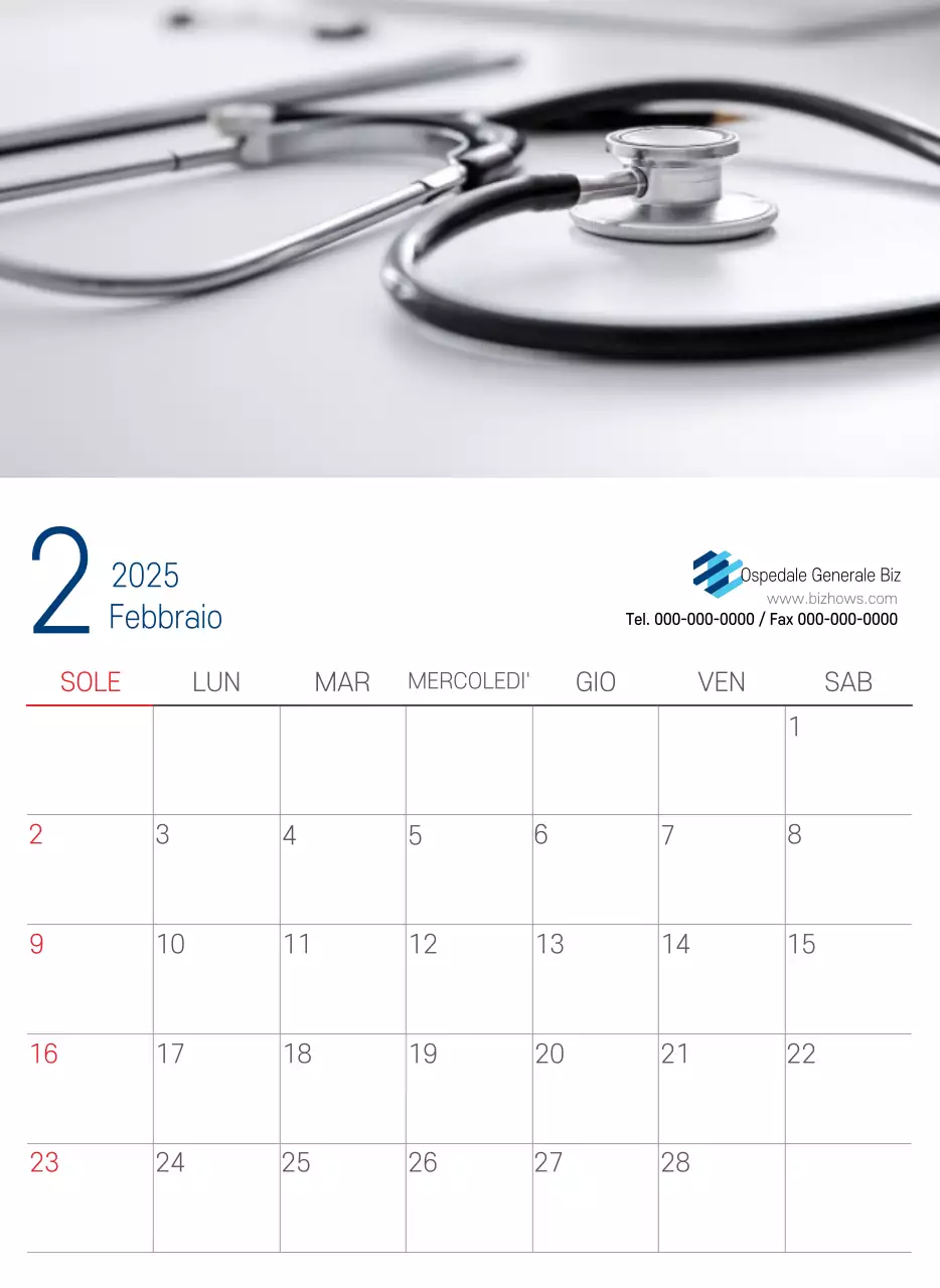 Calendario promozionale dell'ospedale semplice, bianco e blu