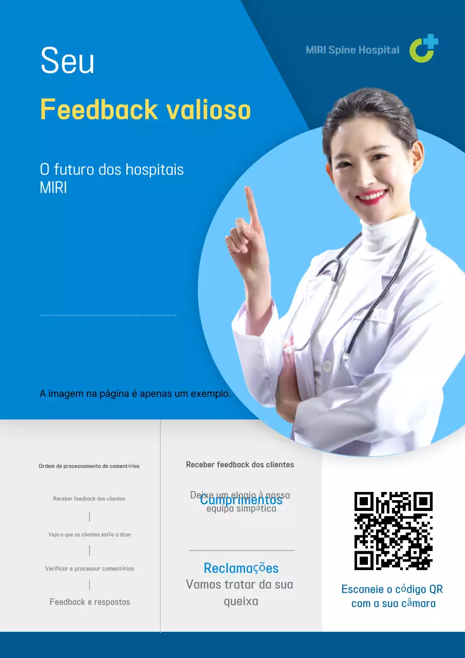 Promover a voz do cliente na receção de um hospital moderno em azul e branco