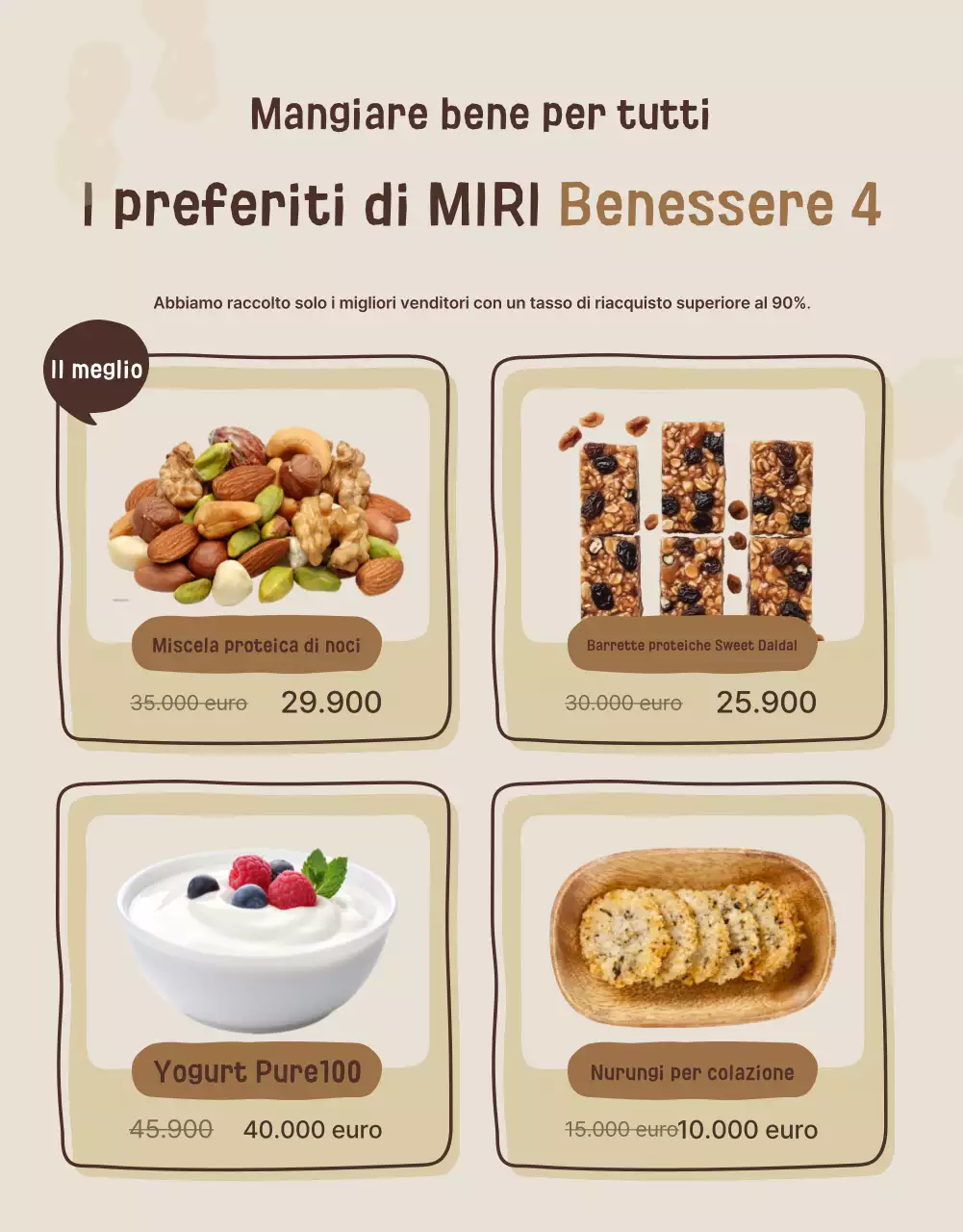 Promuovere un'esposizione di snack sani di colore beige e marrone