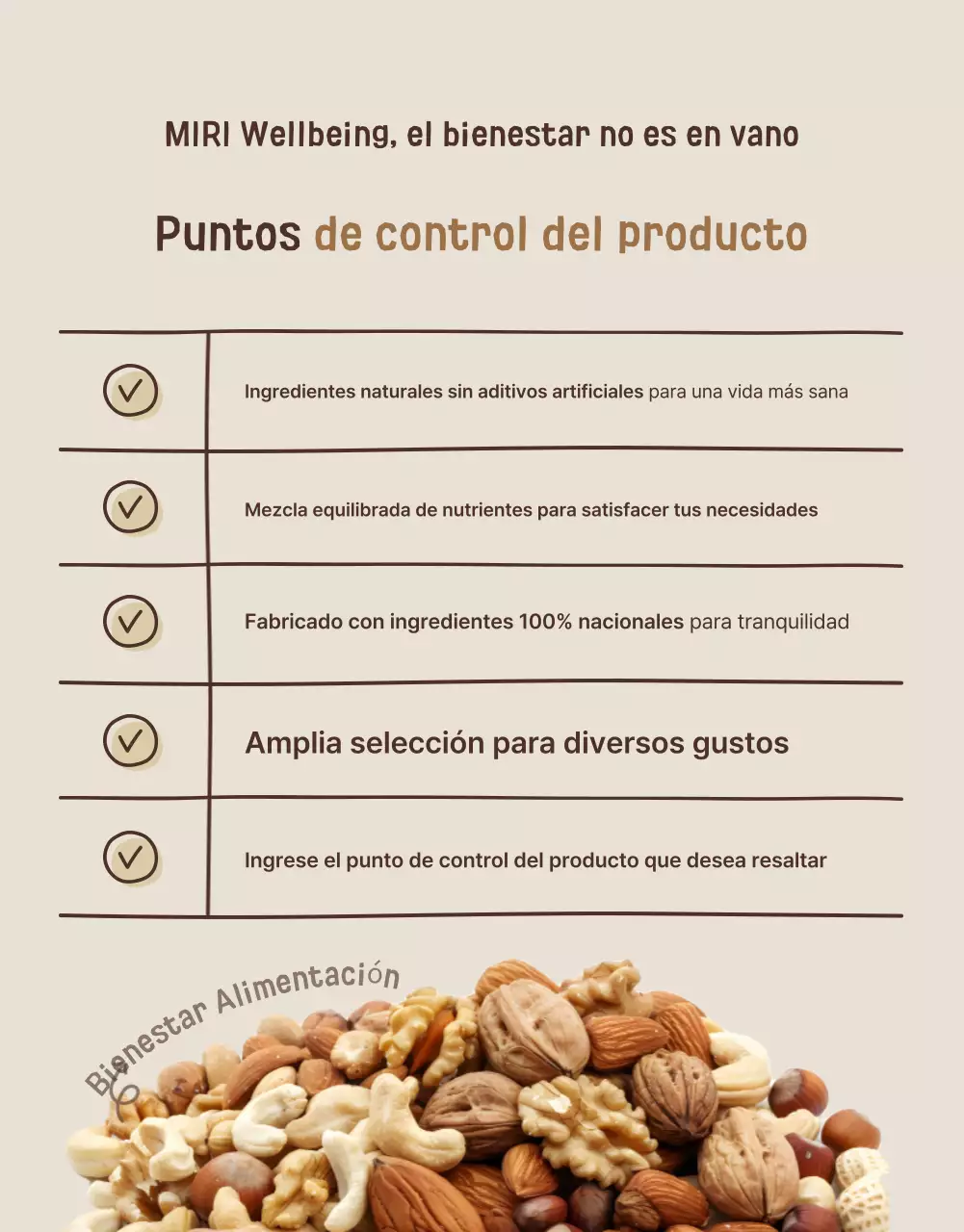 Promover una exposición de aperitivos saludables de color beige y marrón