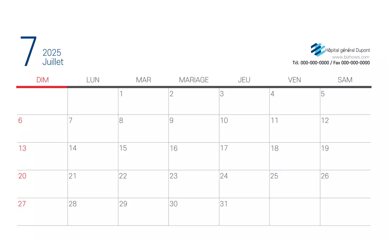 Calendrier promotionnel d'hôpital simple blanc marine
