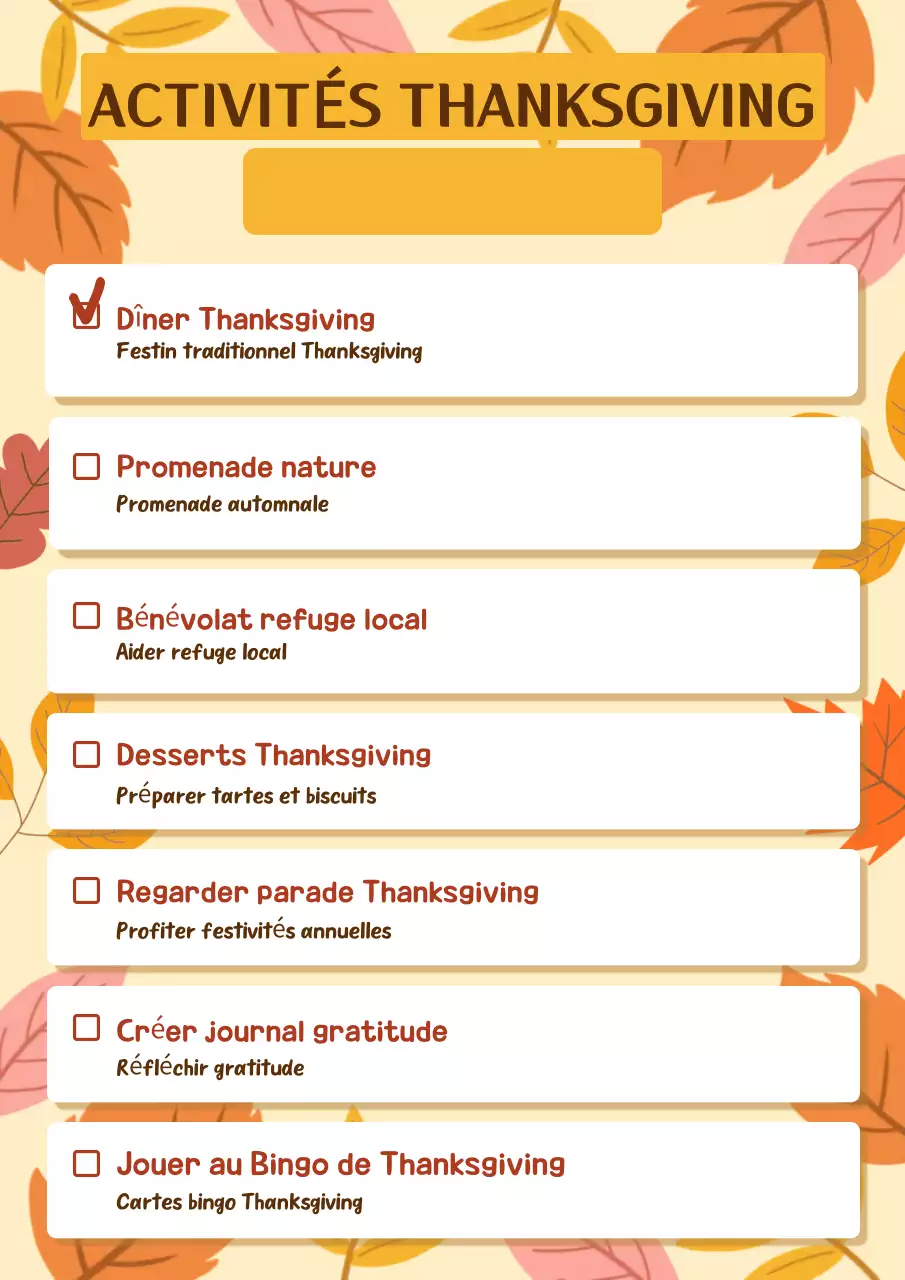 Liste d'activités pour Thanksgiving