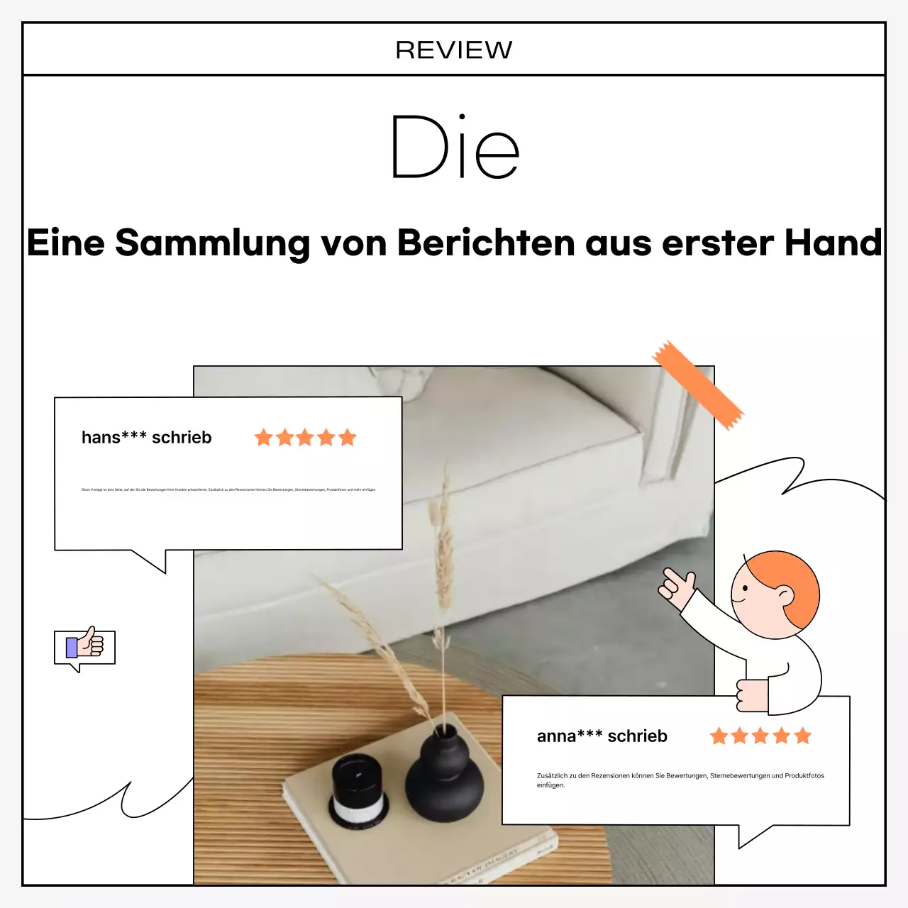 Eine kitschige Sammlung von orange-schwarzen Rezensionen