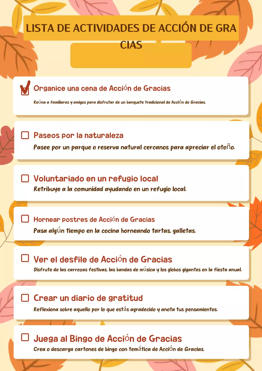 Lista de actividades de Acción de Gracias