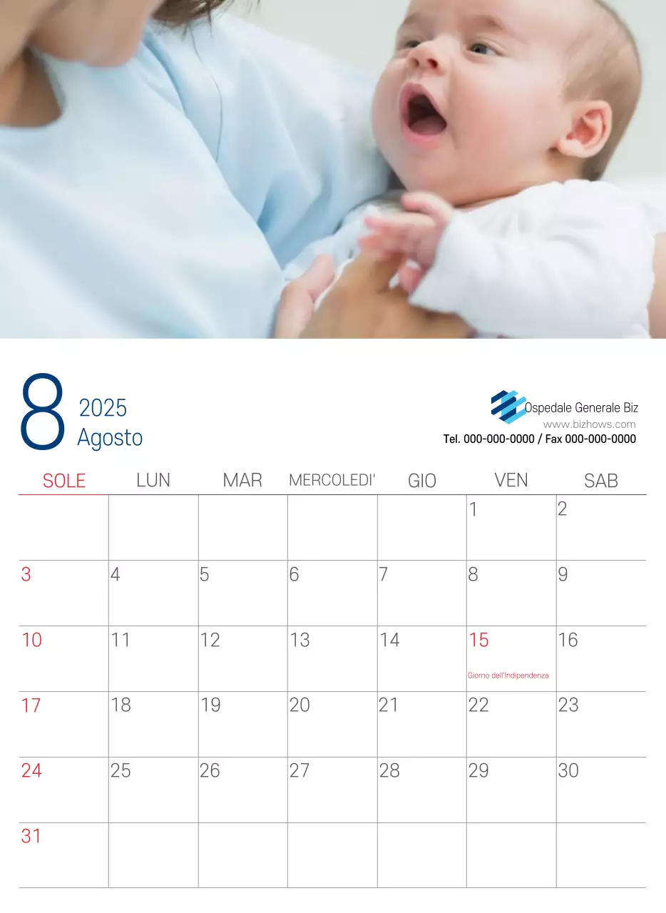 Calendario promozionale dell'ospedale semplice, bianco e blu