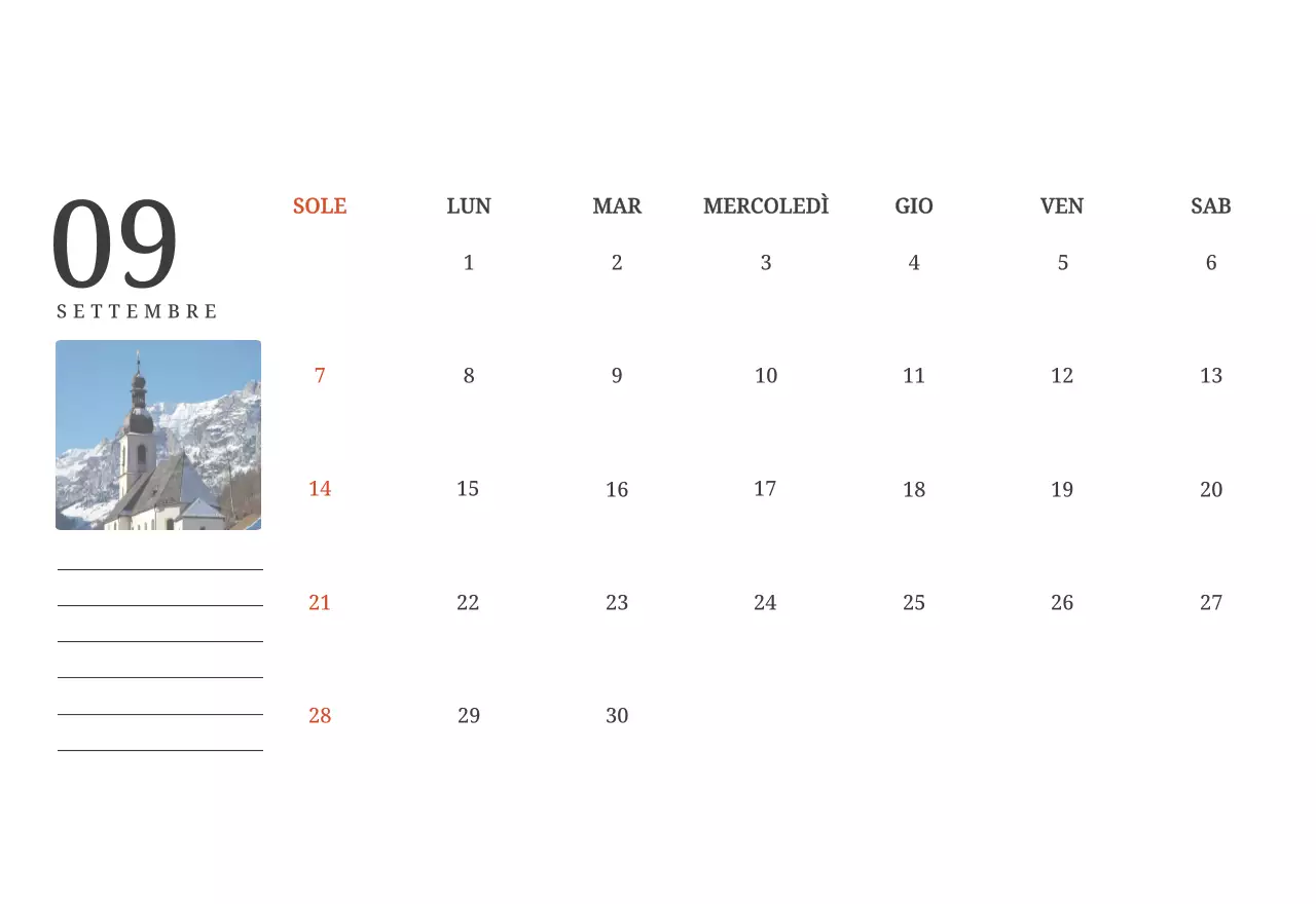 Un calendario fotografico con chiese in dipinti di paesaggio