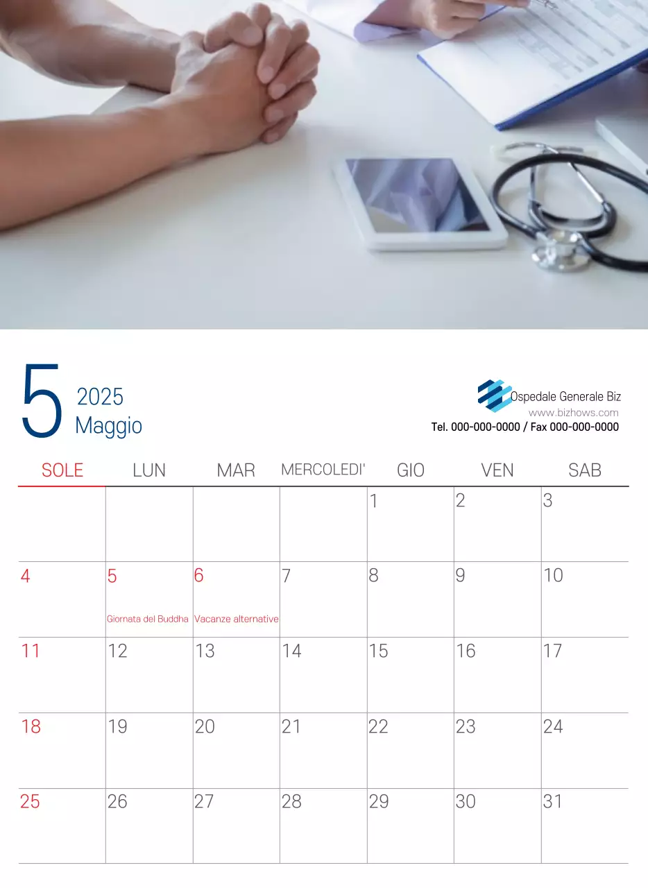 Calendario promozionale dell'ospedale semplice, bianco e blu