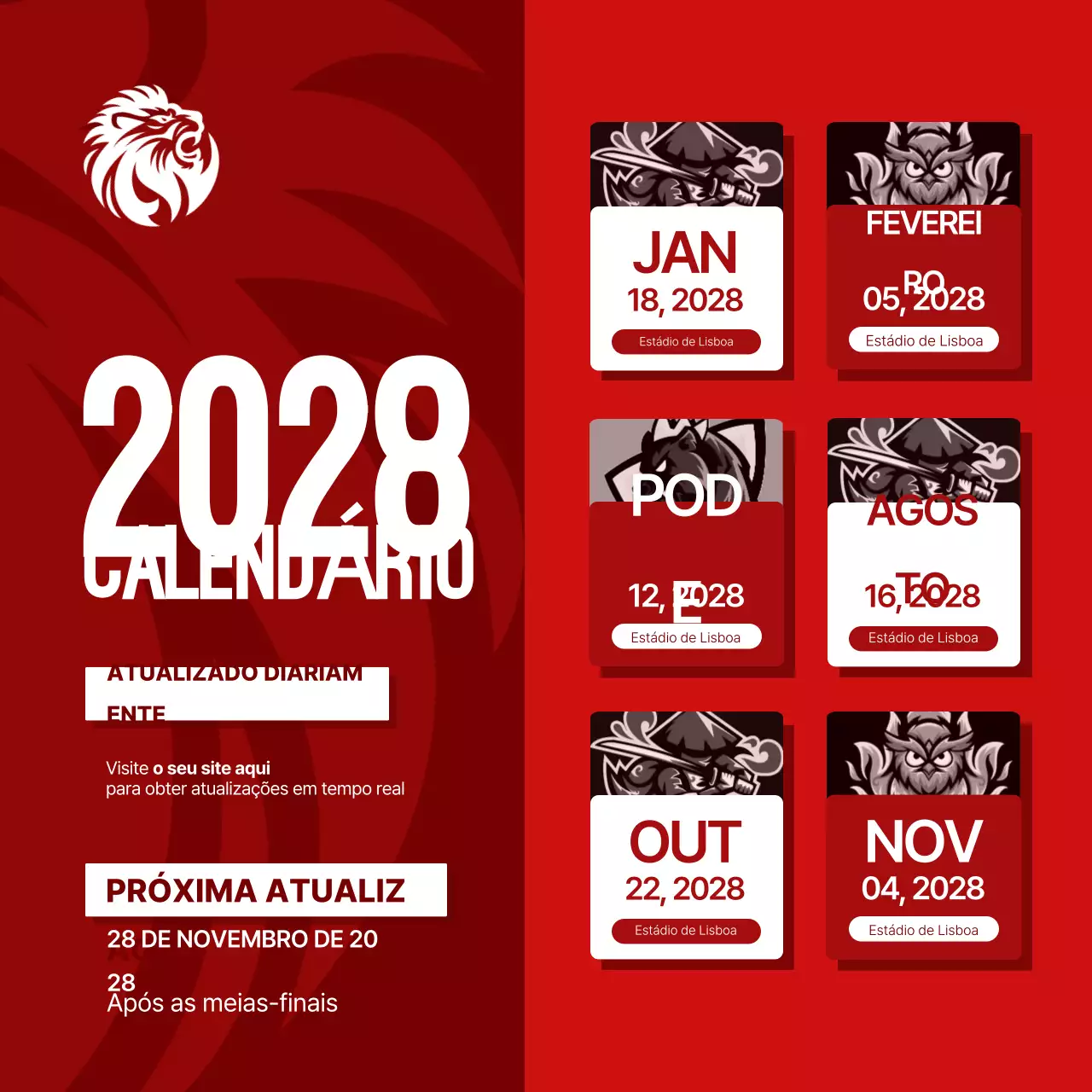 Calendário desportivo vermelho e branco Publicação no Instagram