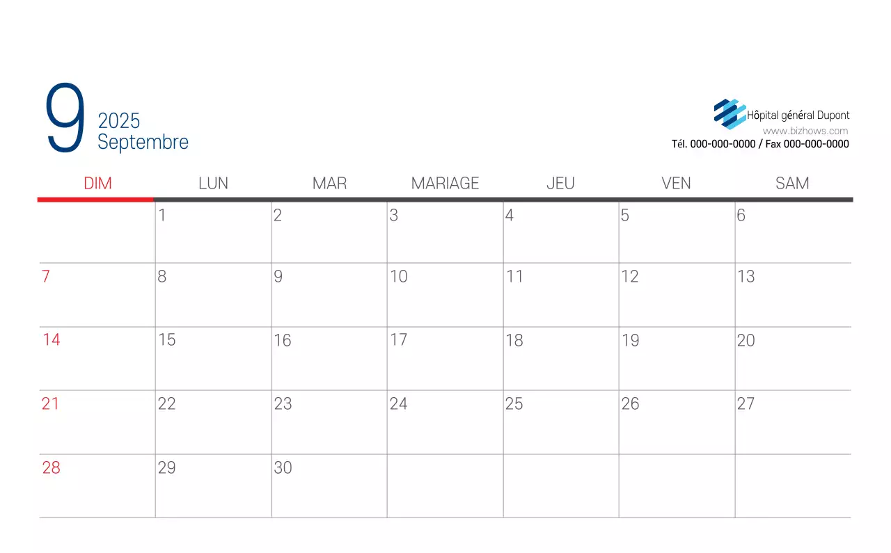 Calendrier promotionnel d'hôpital simple blanc marine