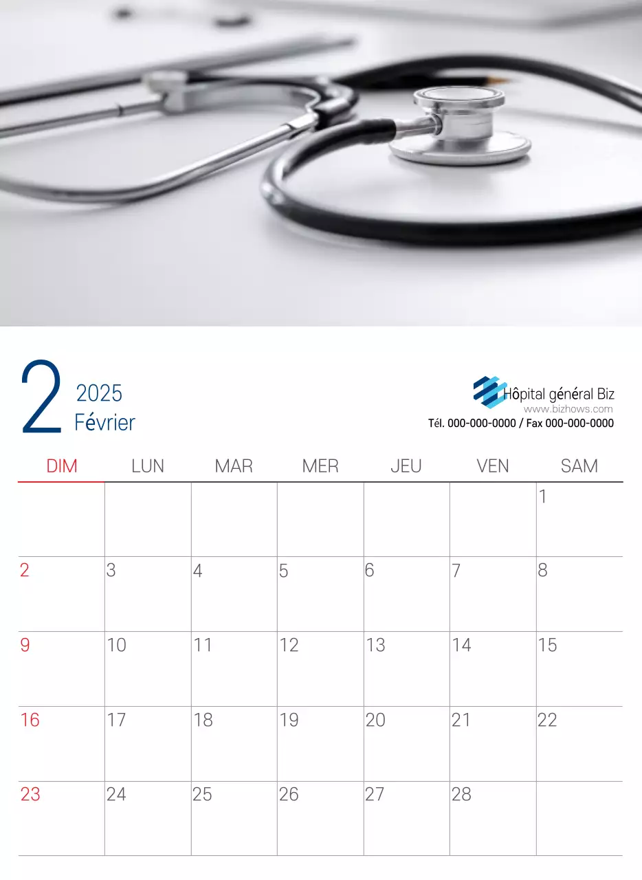 Calendrier promotionnel d'hôpital simple blanc marine
