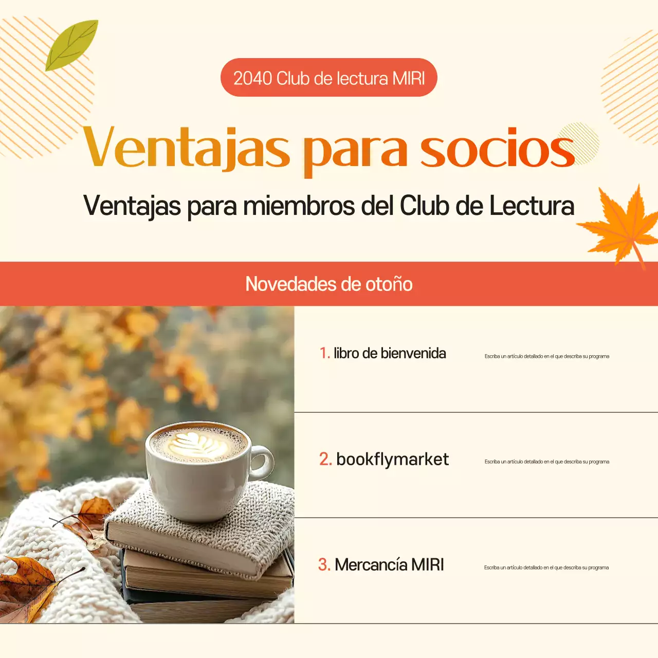 Un bonito anuncio otoñal naranja y amarillo para captar socios para un club de lectura