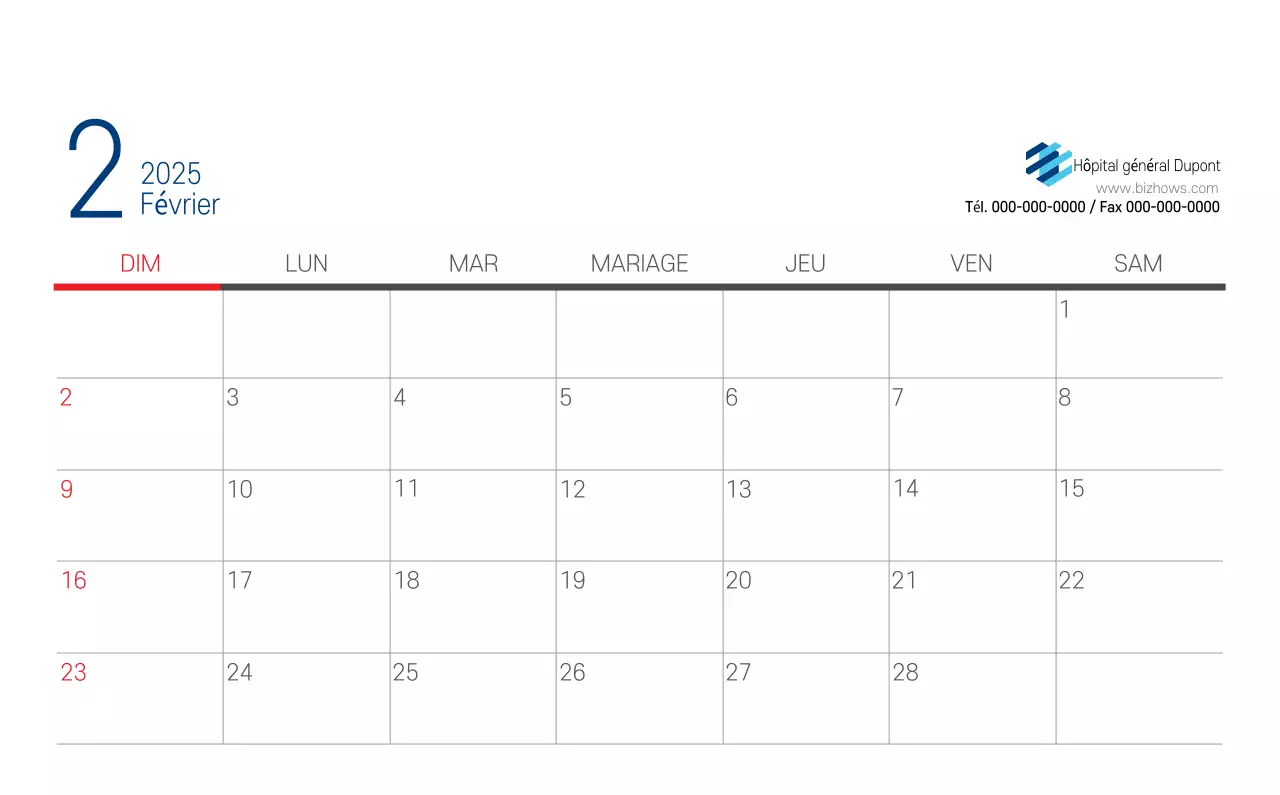 Calendrier promotionnel d'hôpital simple blanc marine