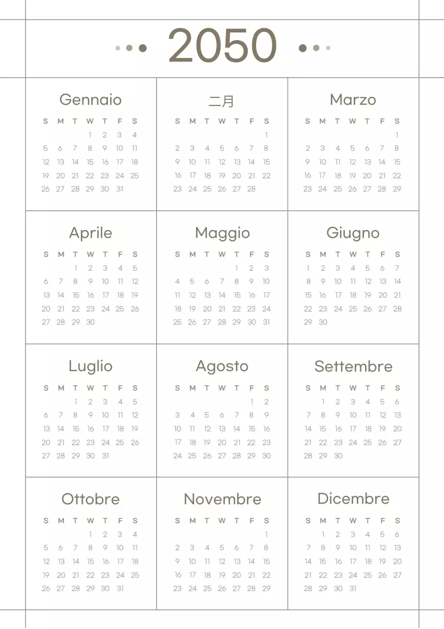 Calendario a griglia pulito in marrone e bianco