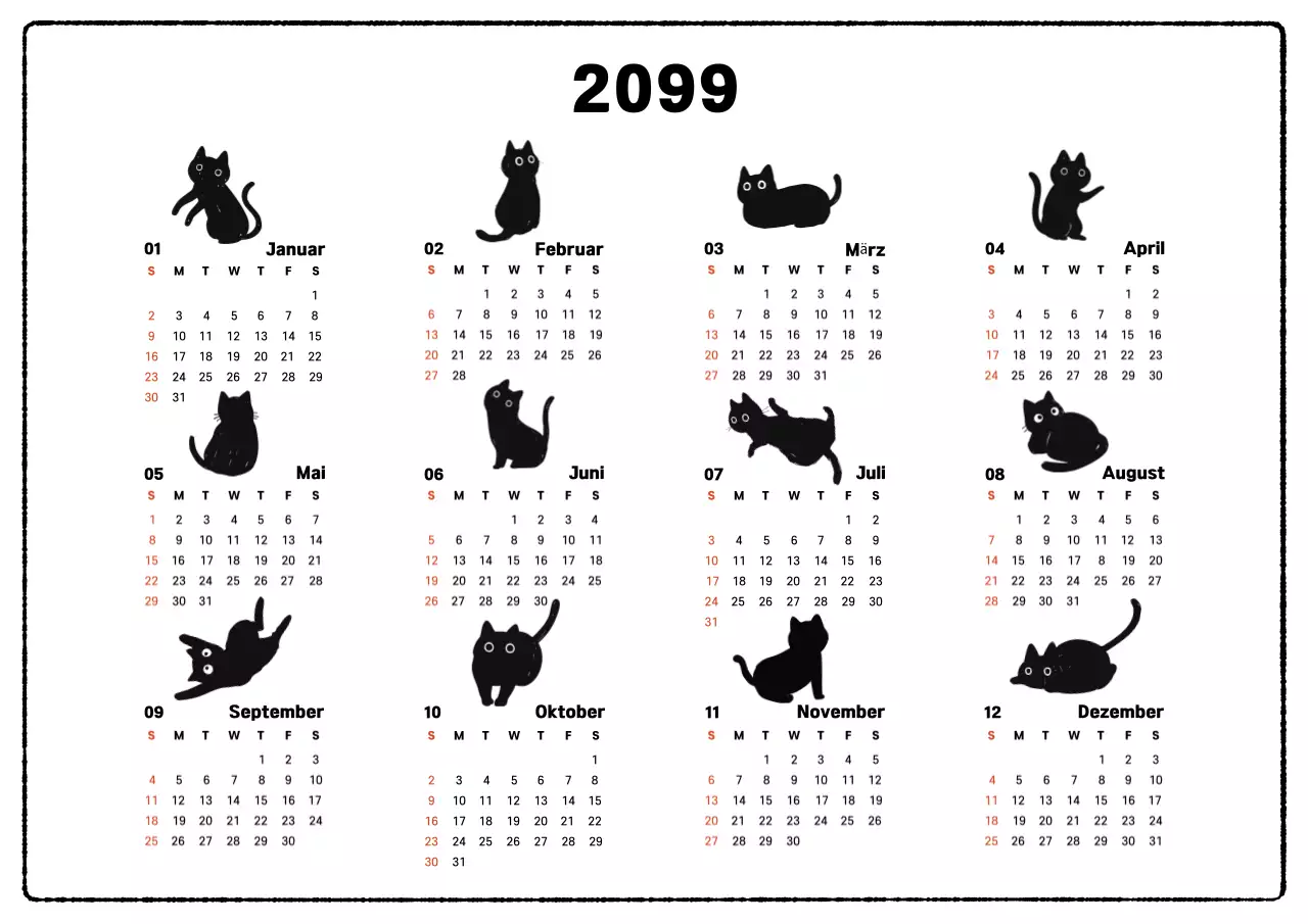 Einfacher Tier-Jahreskalender in schwarz-weiß