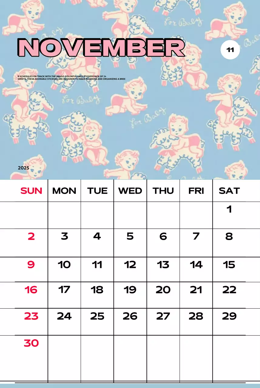 Kalender penuh warna dengan berbagai ilustrasi retro