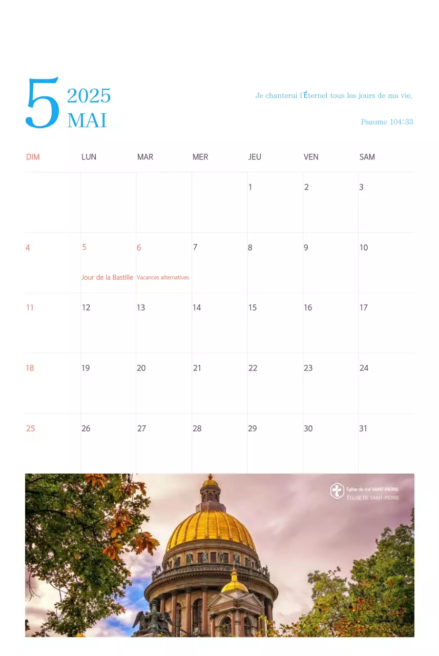 Calendrier d'église moderne bleu