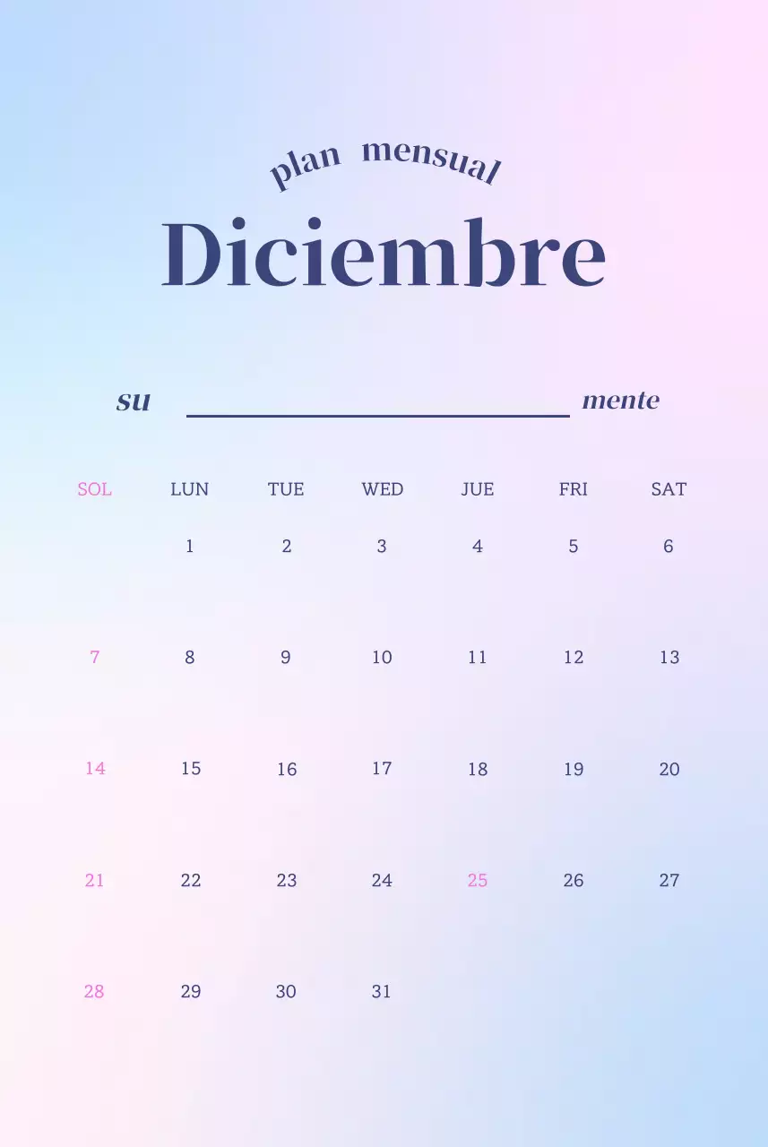 Calendario minimalista con texto degradado
