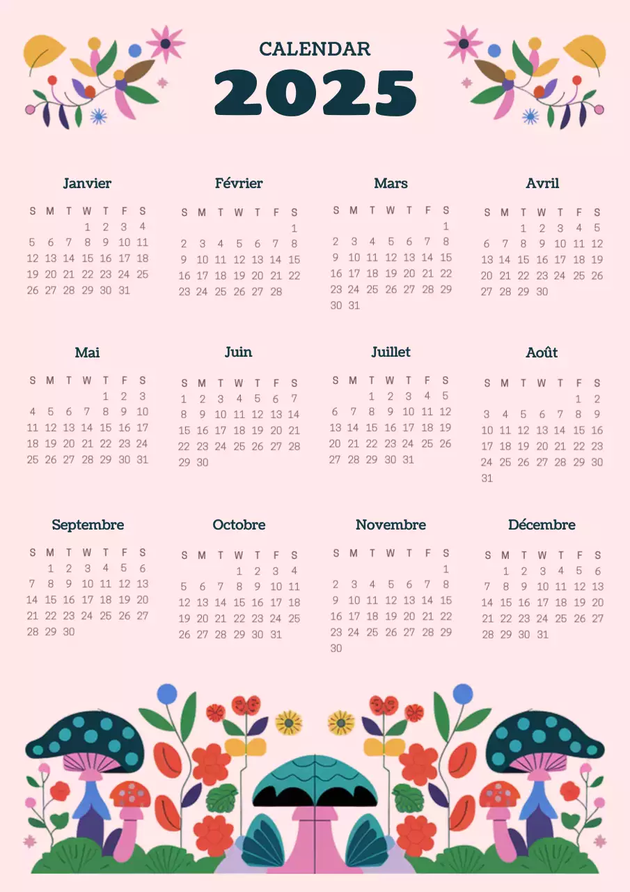 Calendrier champignon kitsch en bleu marine et rose