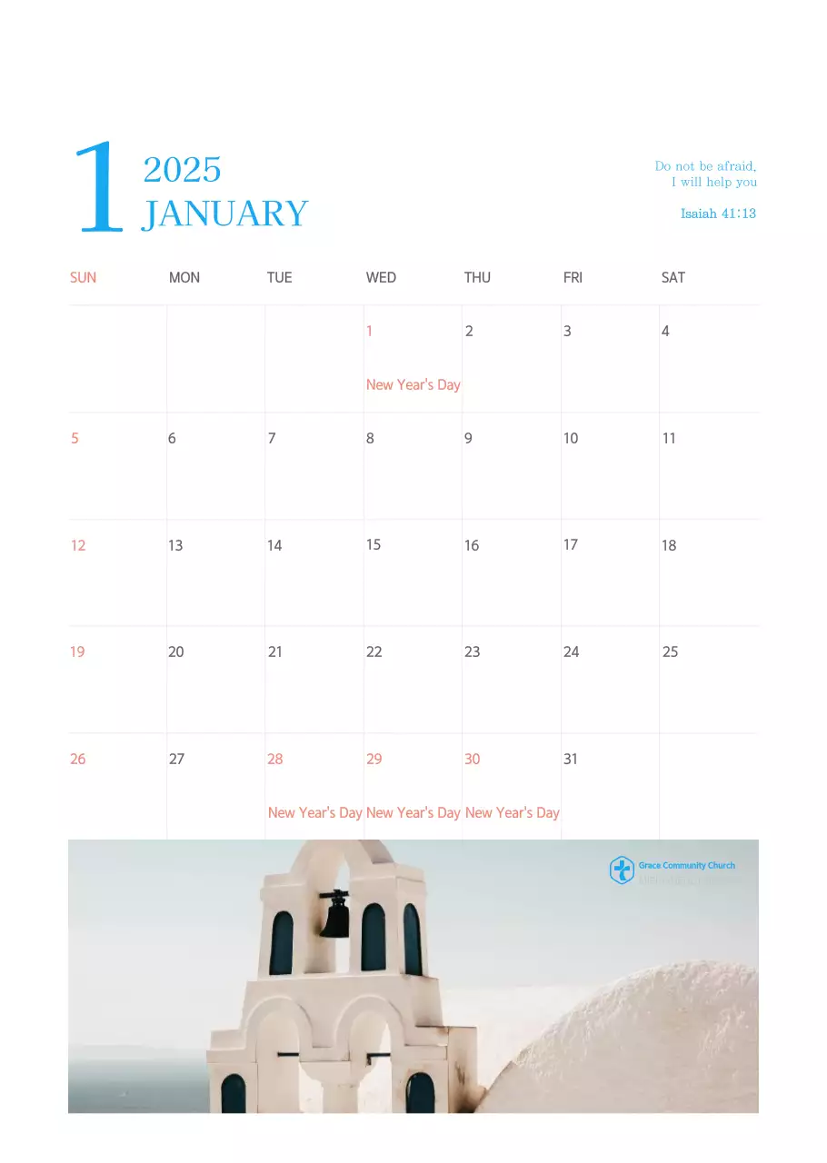 Kalender gereja berkonsep modern berwarna biru