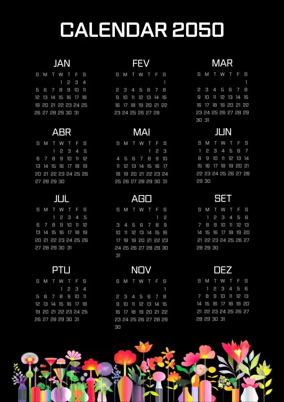 Calendário botânico simples a preto e branco