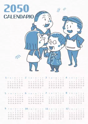 Calendario de personajes kitsch en azul y marfil