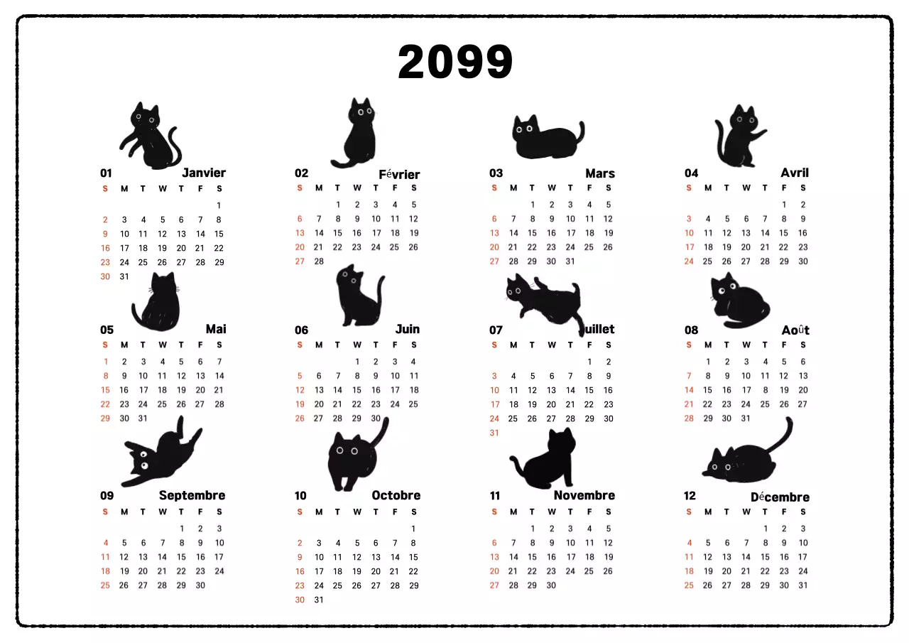 Calendrier annuel simple pour animaux en noir et blanc