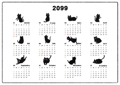 Calendrier annuel simple pour animaux en noir et blanc
