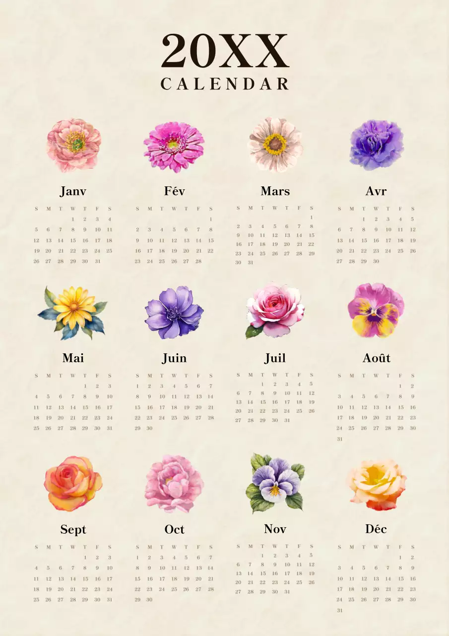 Calendrier floral saisonnier vintage en beige et noir