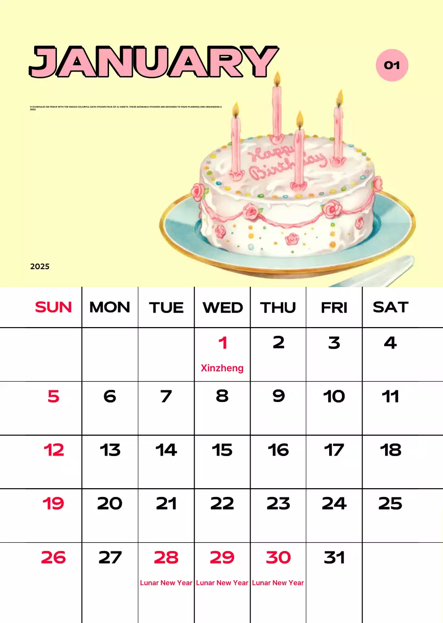 Kalender penuh warna dengan berbagai ilustrasi retro