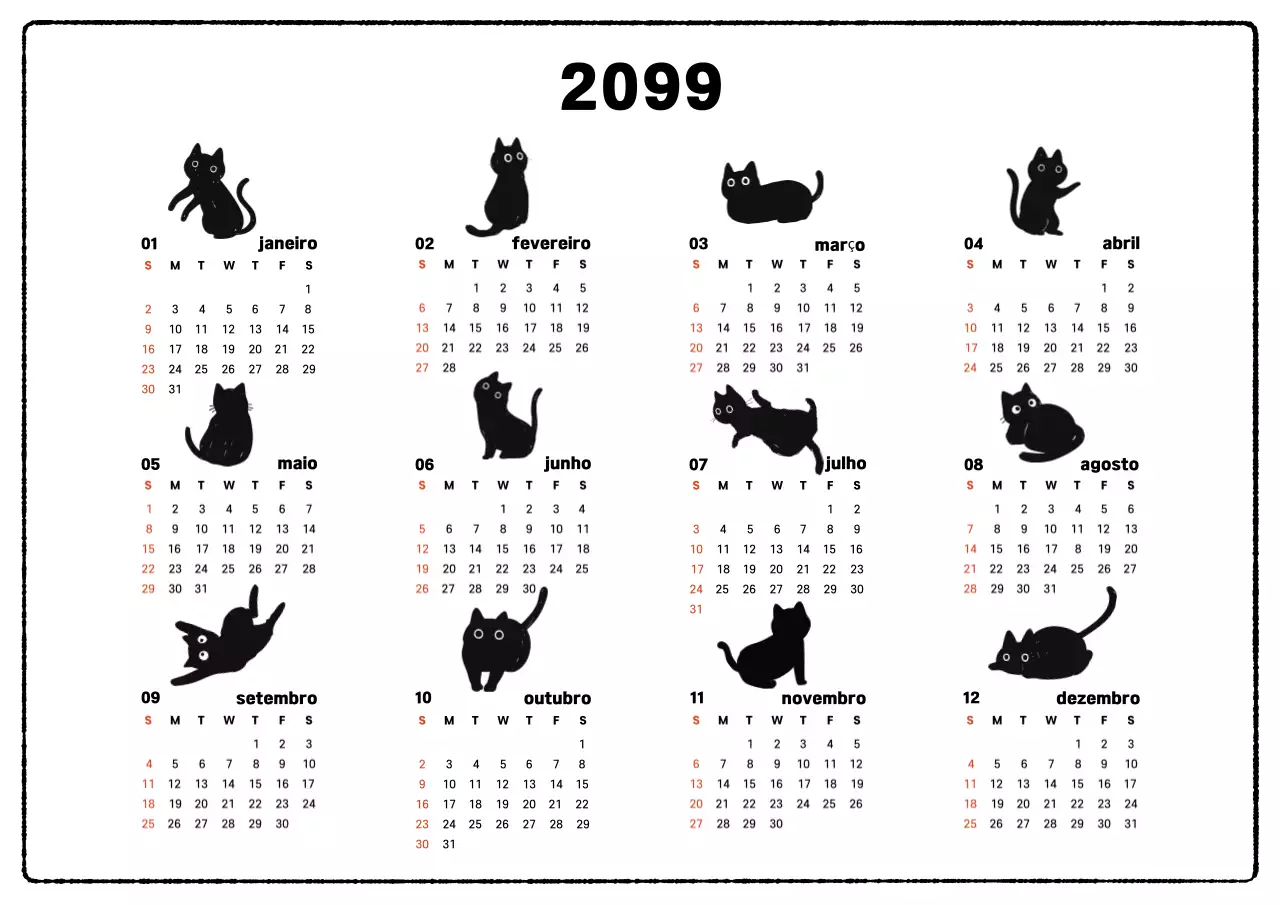 Calendário simples de um ano para animais a preto e branco