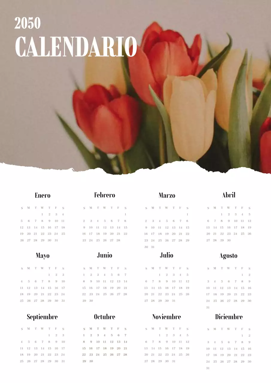 Elegante calendario floral en rojo y blanco