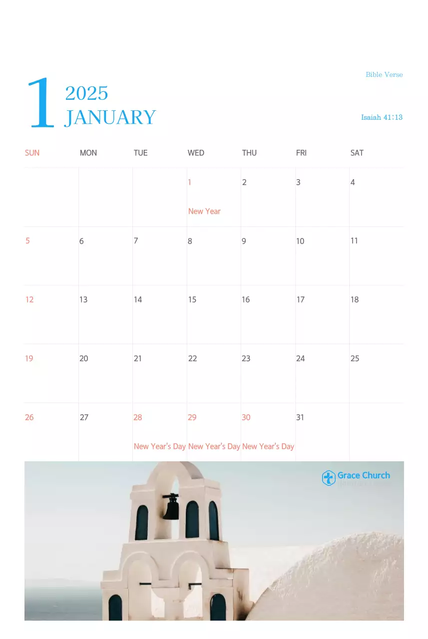 Kalender gereja berkonsep modern berwarna biru