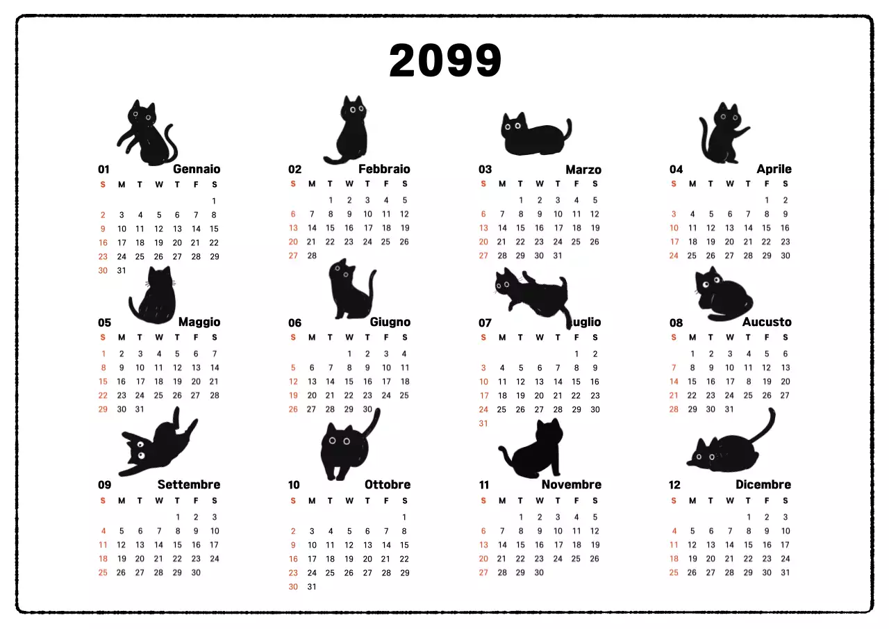 Semplice calendario annuale degli animali in bianco e nero