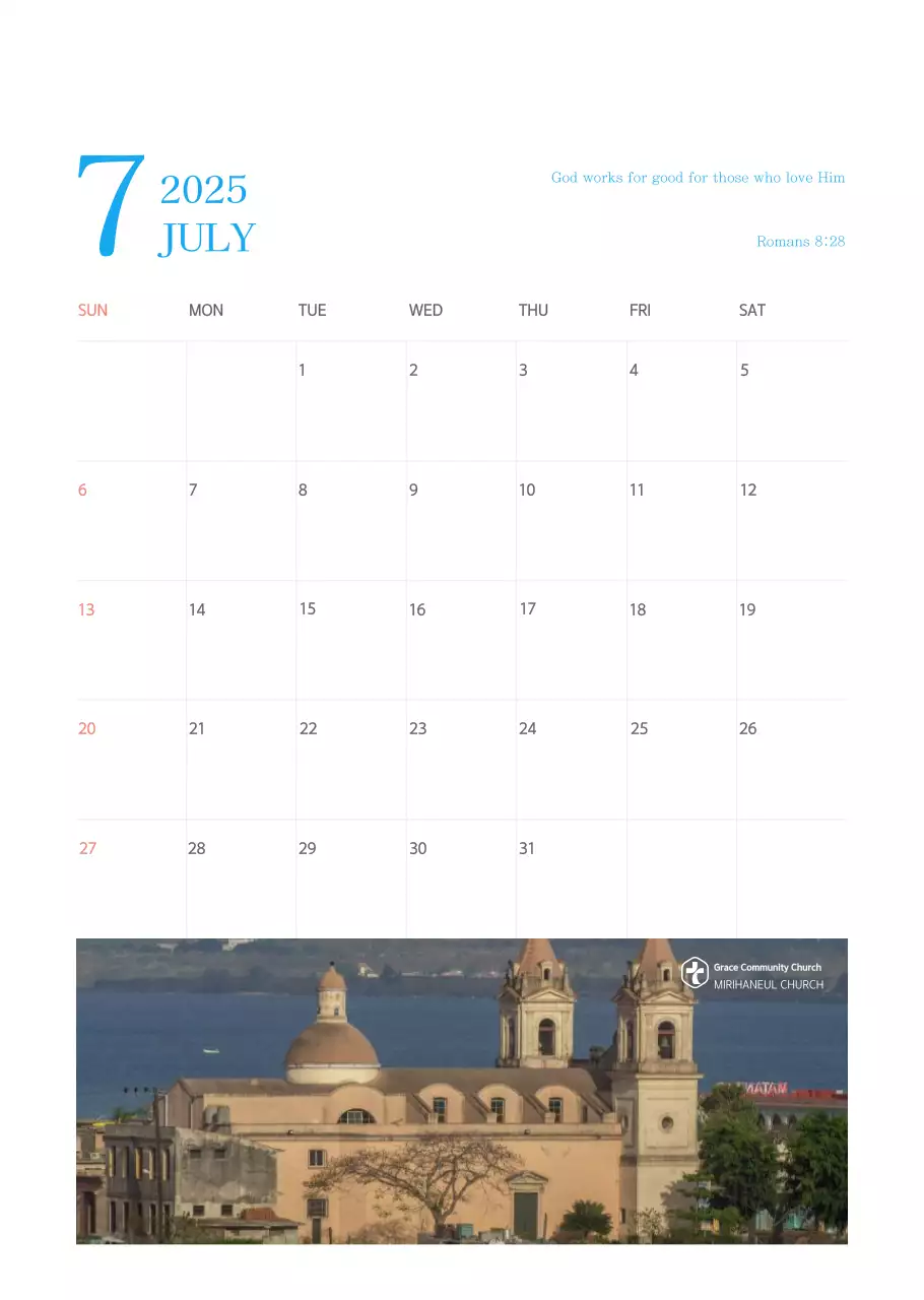 Kalender gereja berkonsep modern berwarna biru