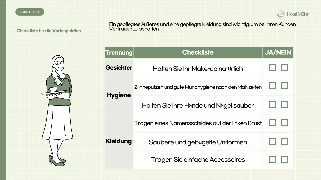 Schulung des Personals in khakifarbener, sauberer und gepflegter Kleidung