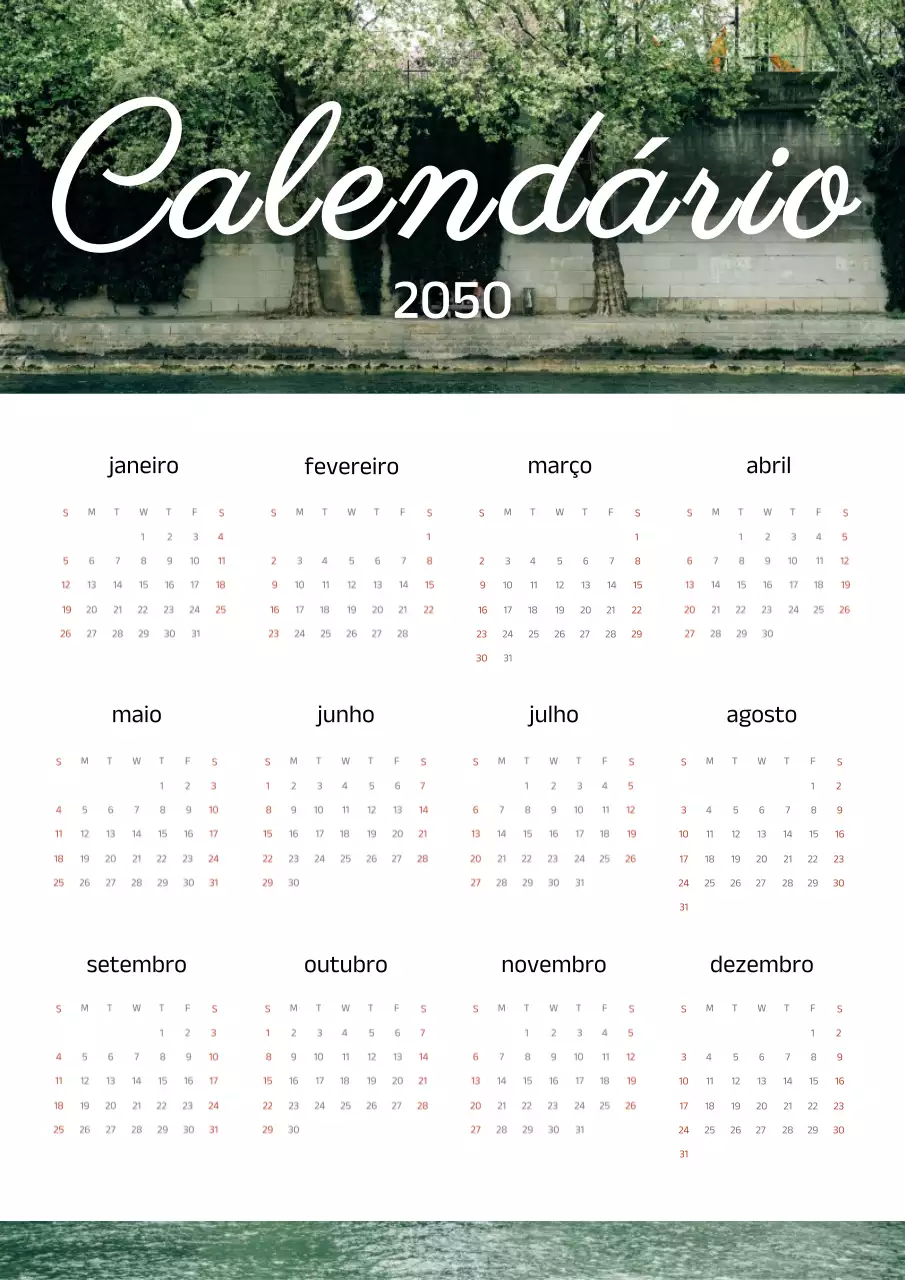 Calendário de parque elegante em verde e branco