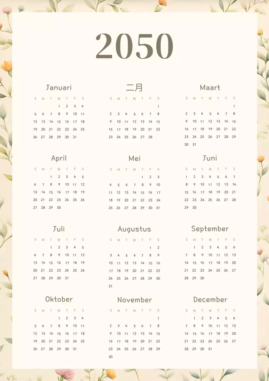 Nette bloemenkalender in geel en beige