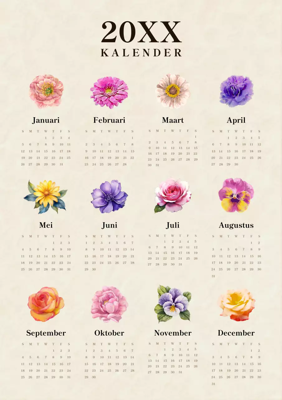 Vintage seizoenskalender met bloemen in beige en zwart