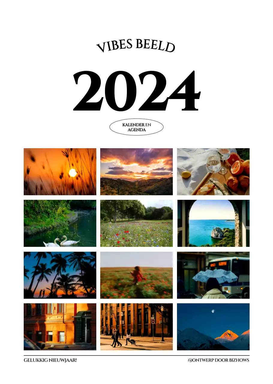 Eenvoudige stijl muurkalender met zwart-wit emotionele reisfotografie concept