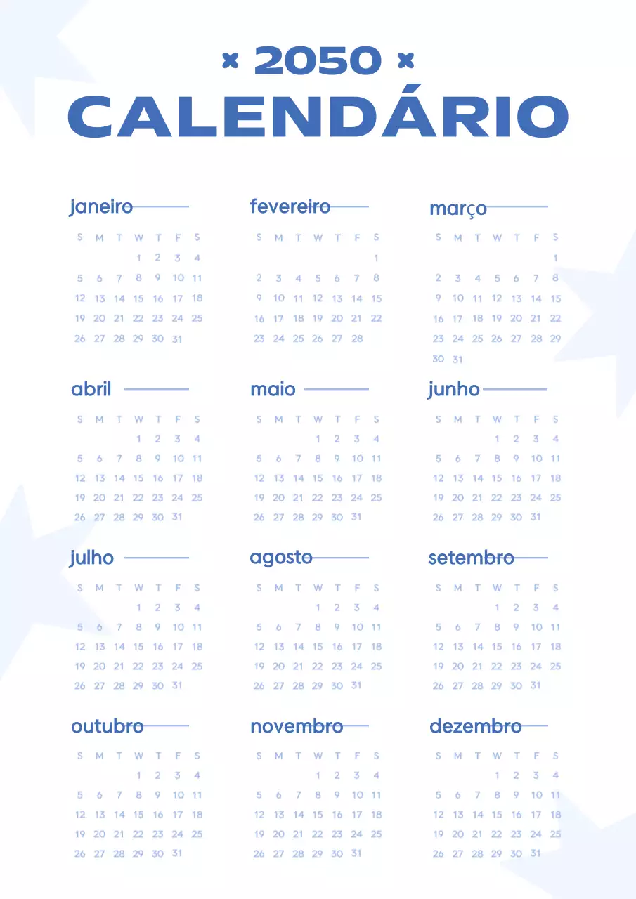 Calendário de estrelas kitsch em azul e azul claro