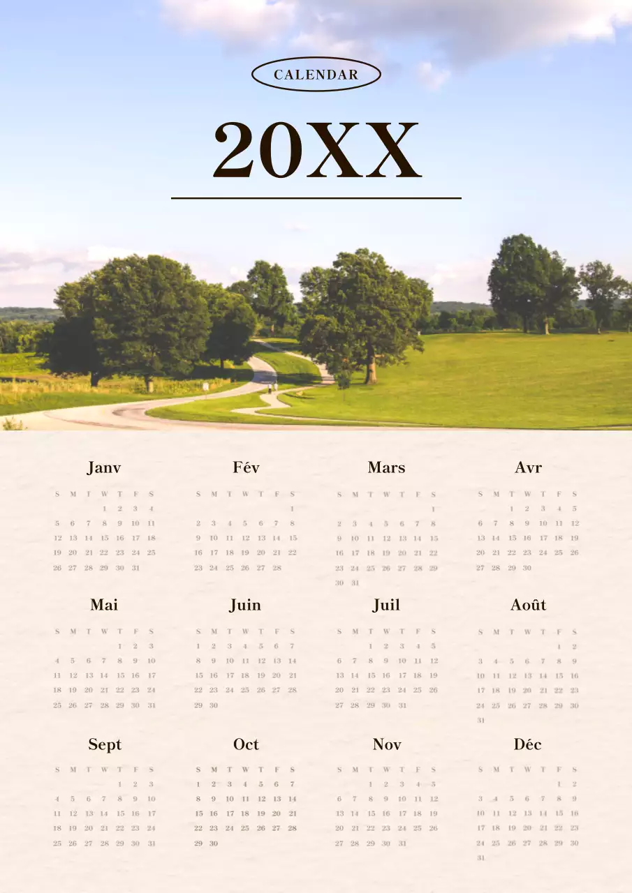 Calendrier minimaliste des collines en vert et beige