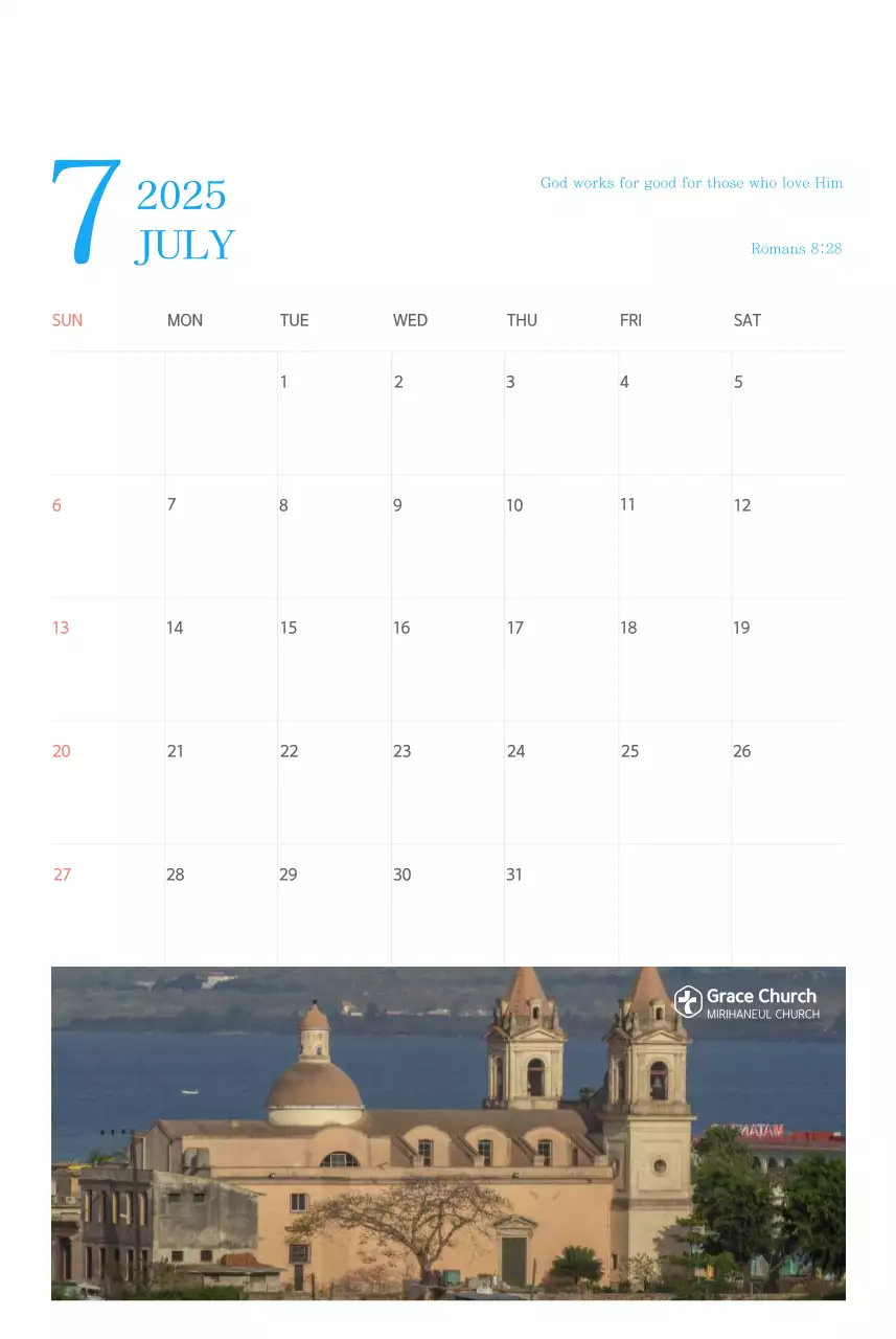 Kalender gereja berkonsep modern berwarna biru