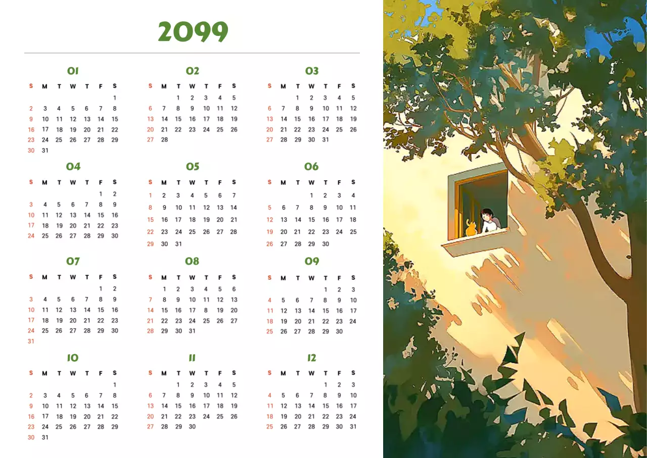 Een jaarkalender van groene en gele landschappen